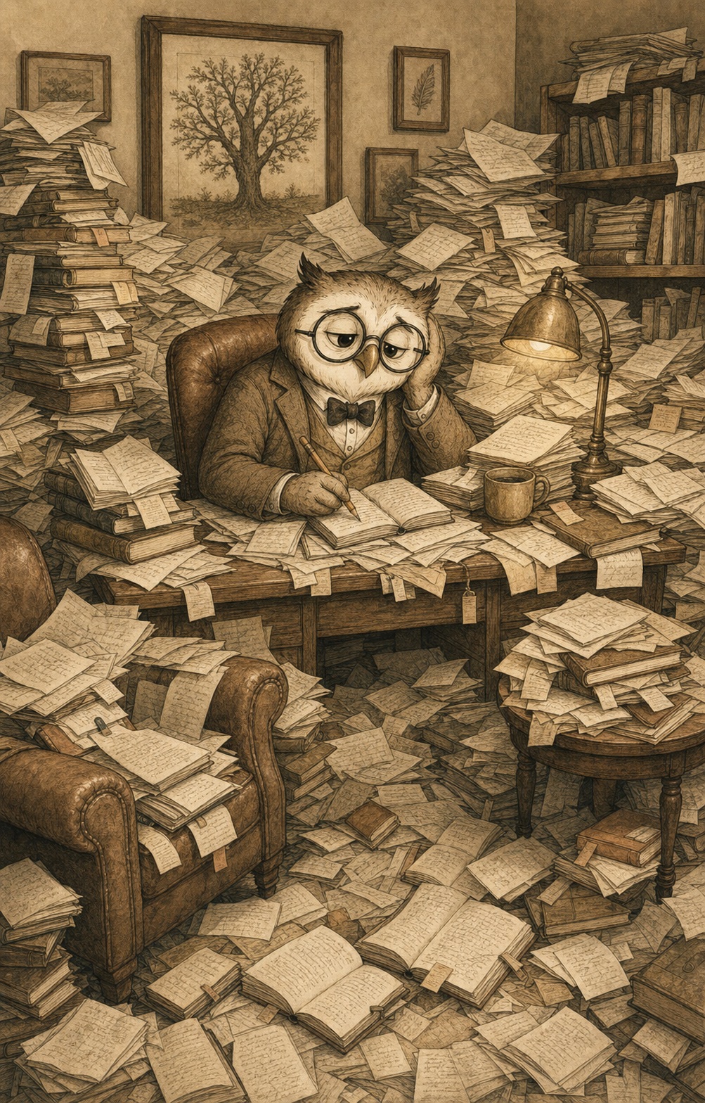 Dr Hibou débordé par des piles de notes et de livres