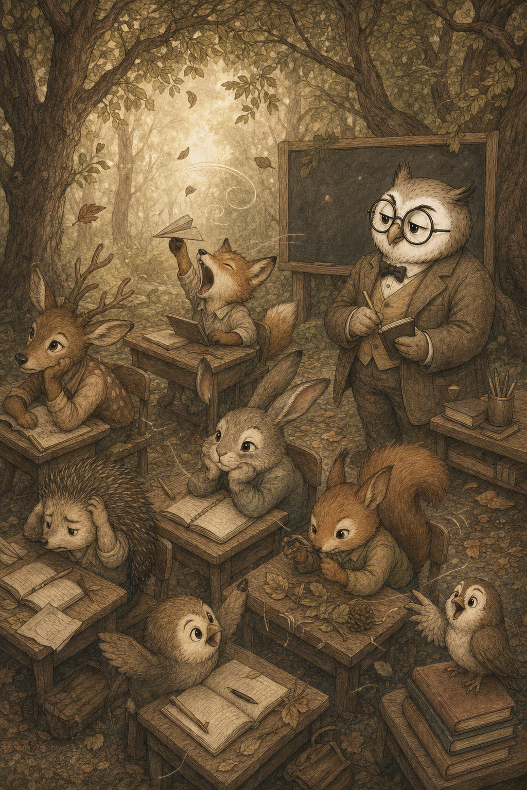 Dr Hibou observe calmement une clairière-école avec des enfants animaux