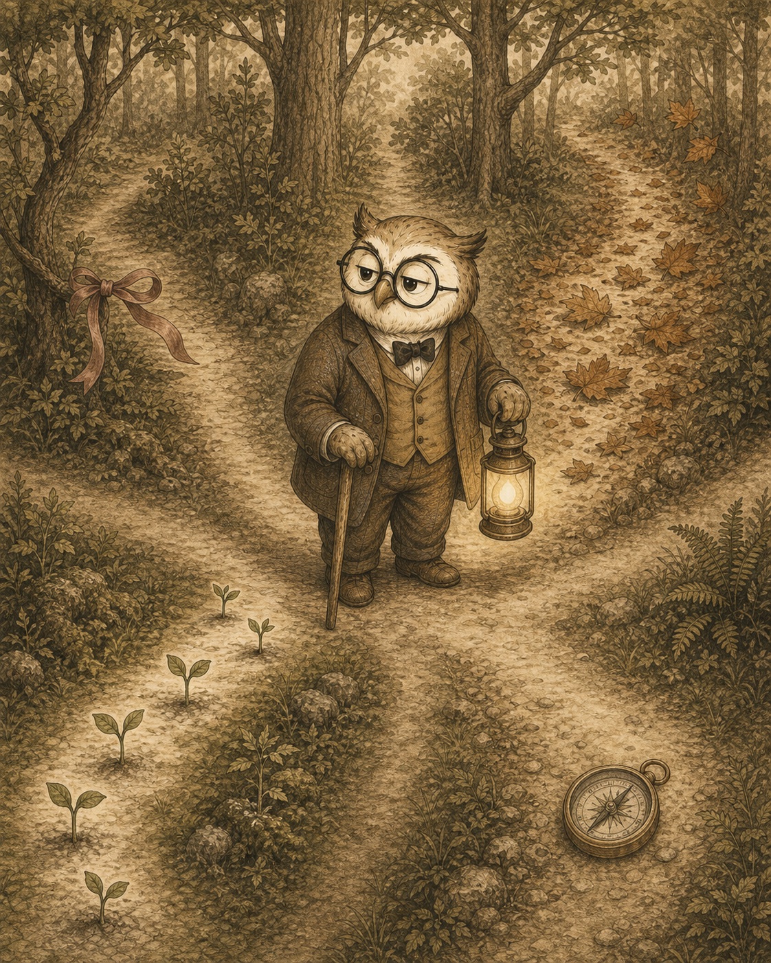 Dr Hibou éclaire plusieurs sentiers dans une forêt